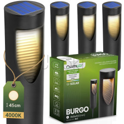 Набір садових круглих сонячних LED‑стовпчиків 4 шт — Burgo Lumiled, нейтральне біле світло 4000 K, чорний корпус, IP44