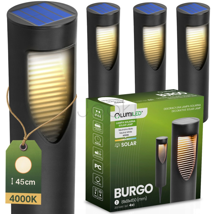 Набір садових круглих сонячних LED‑стовпчиків 4 шт — Burgo Lumiled, нейтральне біле світло 4000 K, чорний корпус, IP44
