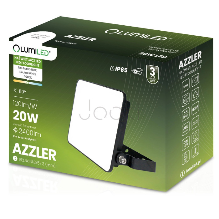 LED-прожектор для зовнішнього використання Lumiled серії AZZLER — 20W, 2400 lm, 4000K, IP65, регульований кут, чорний