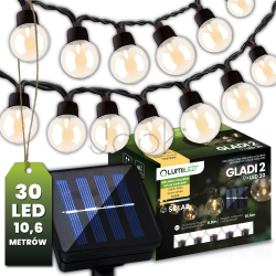 Сонячна гірлянда 30 LED-кульок, 10,60 м, тепле світло 3000K, IP44 Lumiled GLADI 2
