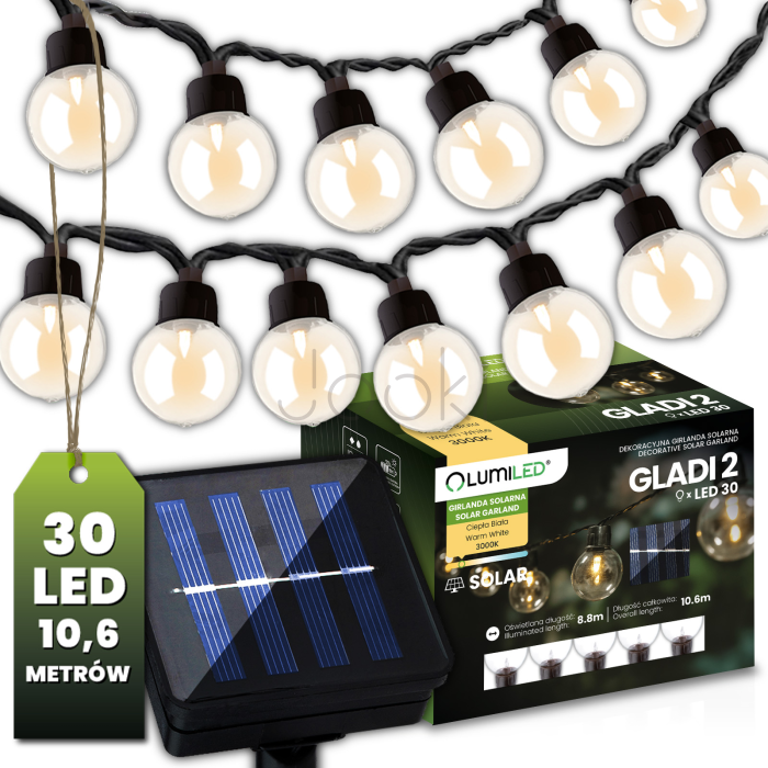Сонячна гірлянда 30 LED-кульок, 10,60 м, тепле світло 3000K, IP44 Lumiled GLADI 2