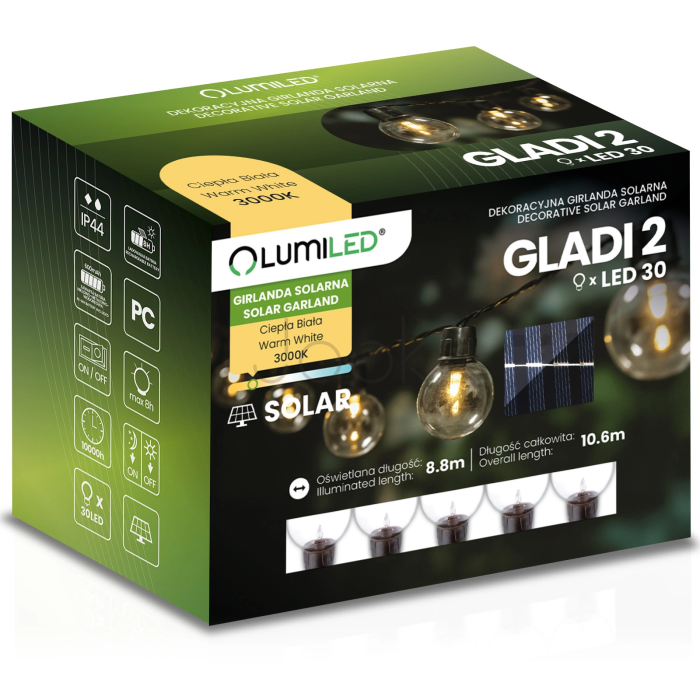 Сонячна гірлянда 30 LED-кульок, 10,60 м, тепле світло 3000K, IP44 Lumiled GLADI 2