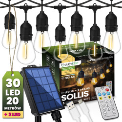 Світлодіодна сонячна гірлянда 30 LED лампочок+2шт в подарунок, 20м, тепле світло 2700K, пульт ДУ, зарядка USB, Lumiled Sollis