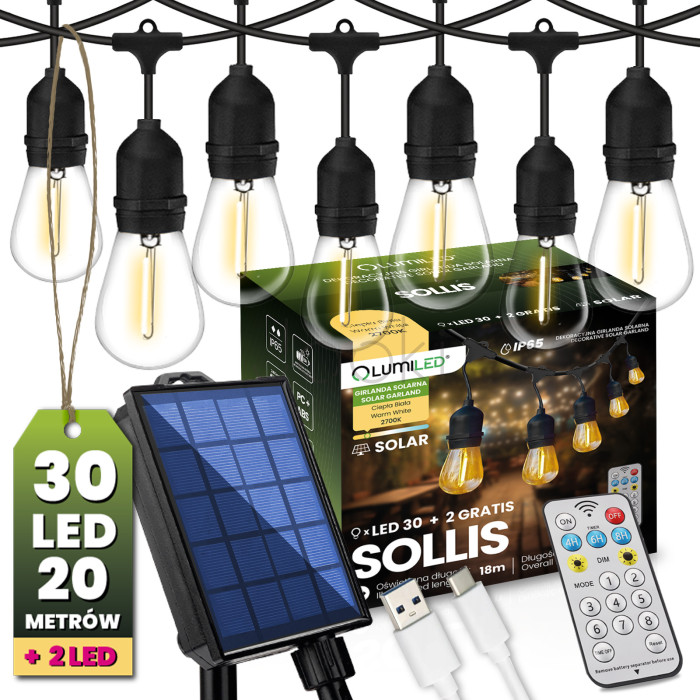 Світлодіодна сонячна гірлянда 30 LED лампочок+2шт в подарунок, 20м, тепле світло 2700K, пульт ДУ, зарядка USB, Lumiled Sollis