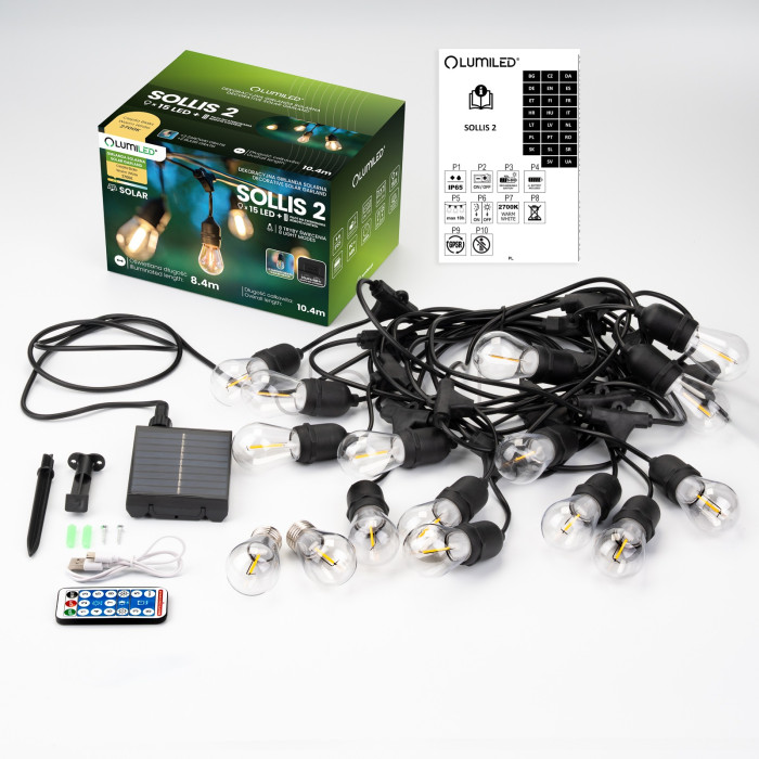 Солнечная садовая LED-гирлянда Lumiled SOLLIS 2, 10,4 м, 15 ламп, пульт ДУ, USB-C, теплый свет 2700K, IP65
