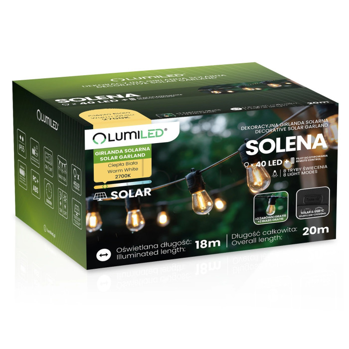 Солнечная LED гирлянда Lumiled SOLENA 20 м, 40 ламп E27, пульт ДУ, USB-C, 2700K, IP65