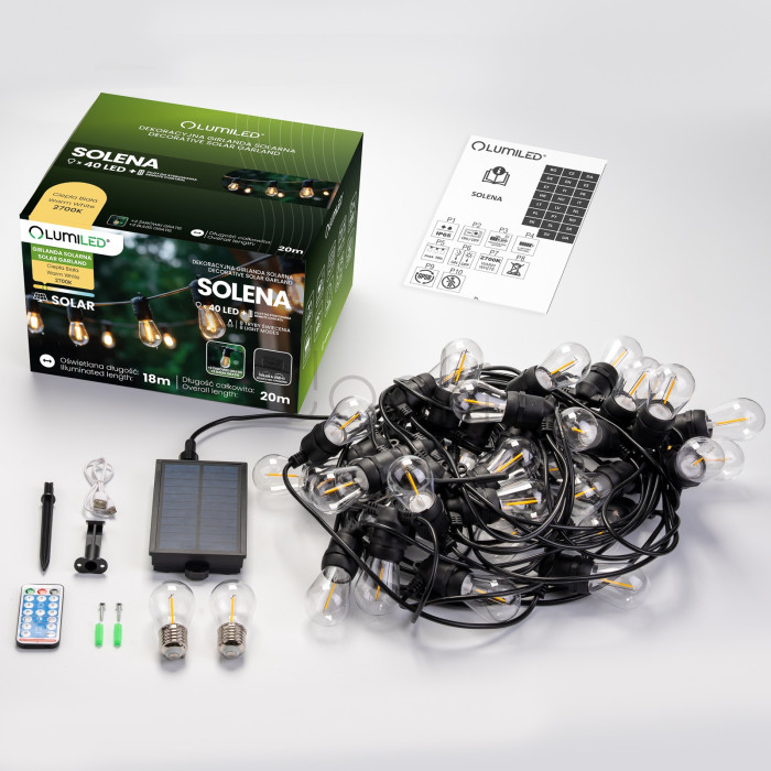 Солнечная LED гирлянда Lumiled SOLENA 20 м, 40 ламп E27, пульт ДУ, USB-C, 2700K, IP65