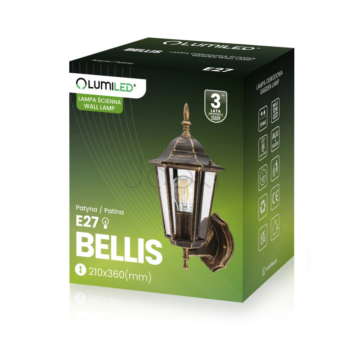 Настенный наружный светильник, ретро-фонарь, патина, E27, IP44, Lumiled Bellis