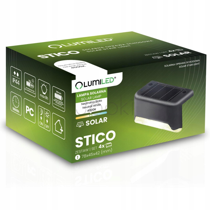 Комплект из 4 солнечных светильников Lumiled серии STICO — нейтральный белый свет 4000K, монтаж для лестницы/террасы, защита IP44