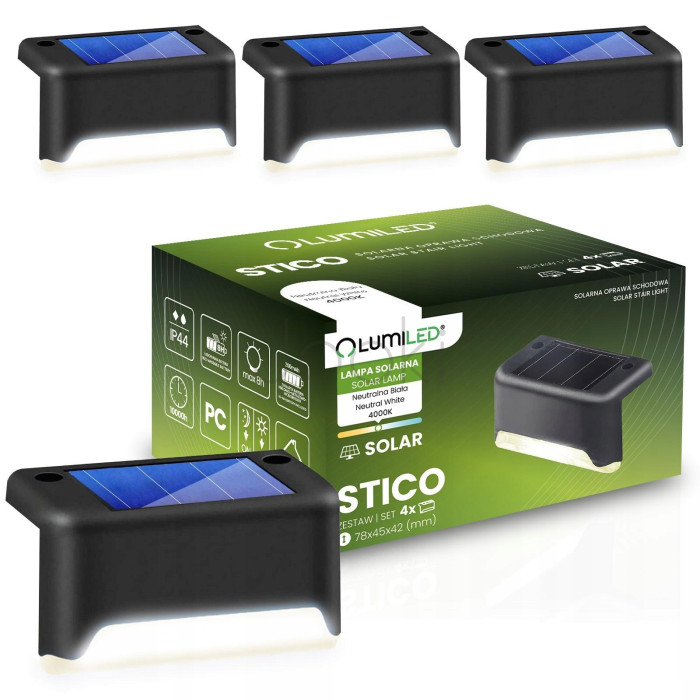 Комплект из 4 солнечных светильников Lumiled серии STICO — нейтральный белый свет 4000K, монтаж для лестницы/террасы, защита IP44