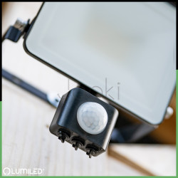 LED-прожектор для зовнішнього використання з датчиком руху, Lumiled серії AZZLER — 20W, 2400 lm, 4000K, IP65, регульований кут, чорний
