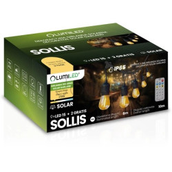 Сонячна садова LED-гірлянда Lumiled SOLLIS 2, 10,4 м, 15 ламп, пульт ДК, USB-C + адаптер 230В, тепле світло 2700K, IP65
