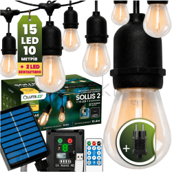 Сонячна садова LED-гірлянда Lumiled SOLLIS 2, 10,4 м, 15 ламп, пульт ДК, USB-C + адаптер 230В, тепле світло 2700K, IP65