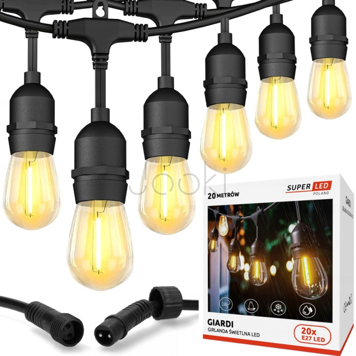 Садова гірлянда 20м з 20 LED-лампами E27 — зовнішнє декоративне освітлення з можливістю з'єднання, SuperLED