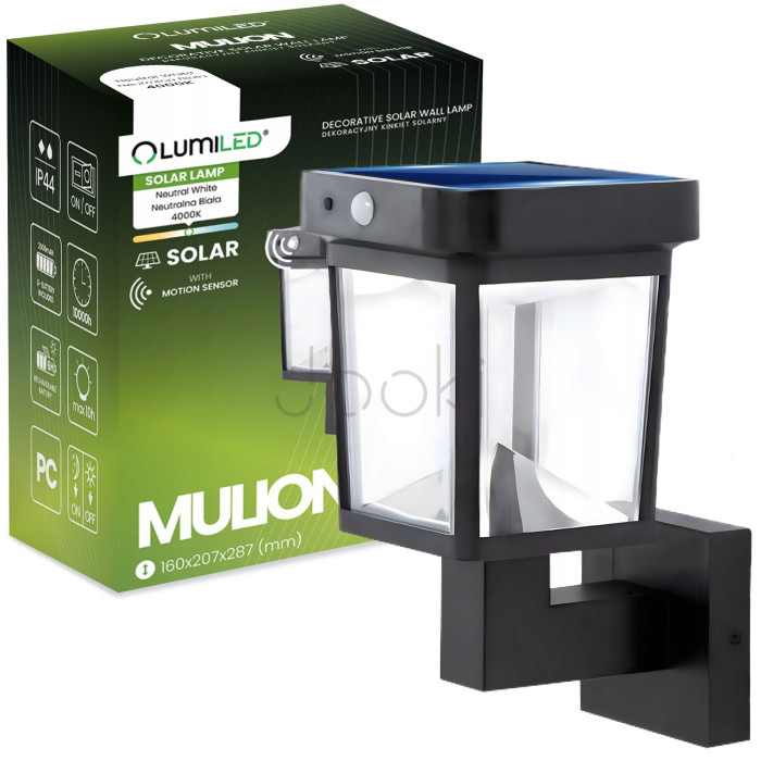 Сонячний настінний LED-світильник Lumiled Mulion з датчиком руху та сутінків — біле світло 4000 K, IP44, для входу, фасаду