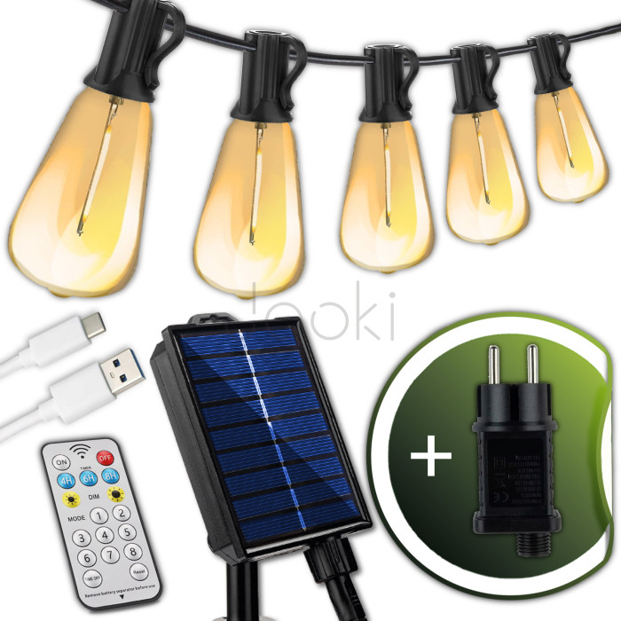 Солнечная садовая гирлянда 30 LED-фонариков+2шт в подарок, 9,8 м, теплый свет 2700 K, IP44, с пультом, солнечной и USB-зарядкой, Lumiled Pyris