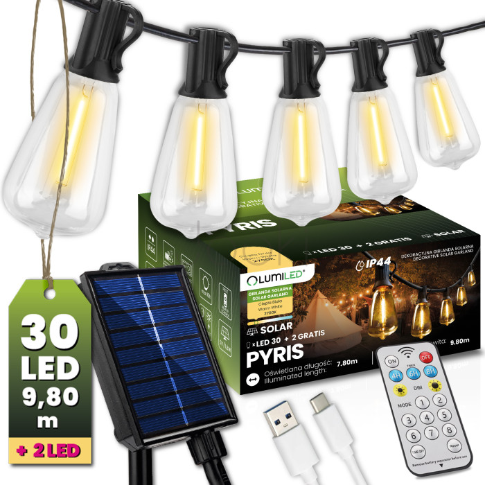 Солнечная садовая гирлянда 30 LED-фонариков+2шт в подарок, 9,8 м, теплый свет 2700 K, IP44, с пультом, солнечной и USB-зарядкой, Lumiled Pyris