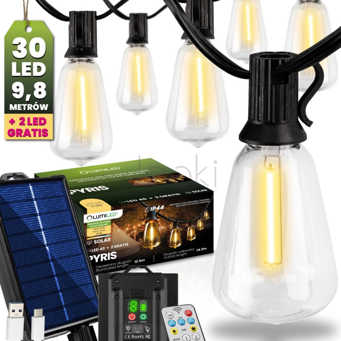 Солнечная садовая гирлянда 30 LED-фонариков+2шт в подарок, 9,8 м, теплый свет 2700 K, IP44, с пультом, солнечной и USB-зарядкой, Lumiled Pyris