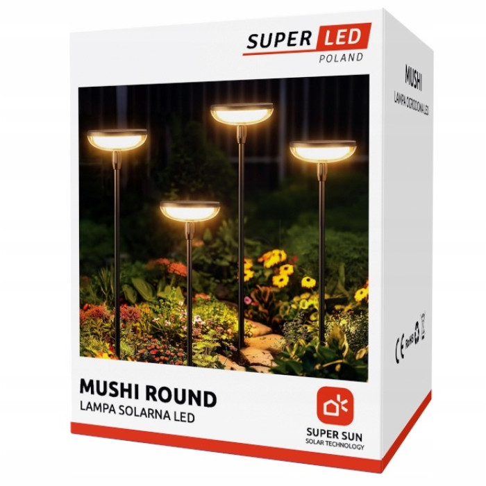 Сонячна садова LED лампа-грибок SuperLED 76 см 3000K декоративна підсвітка, кругла, набір 4шт
