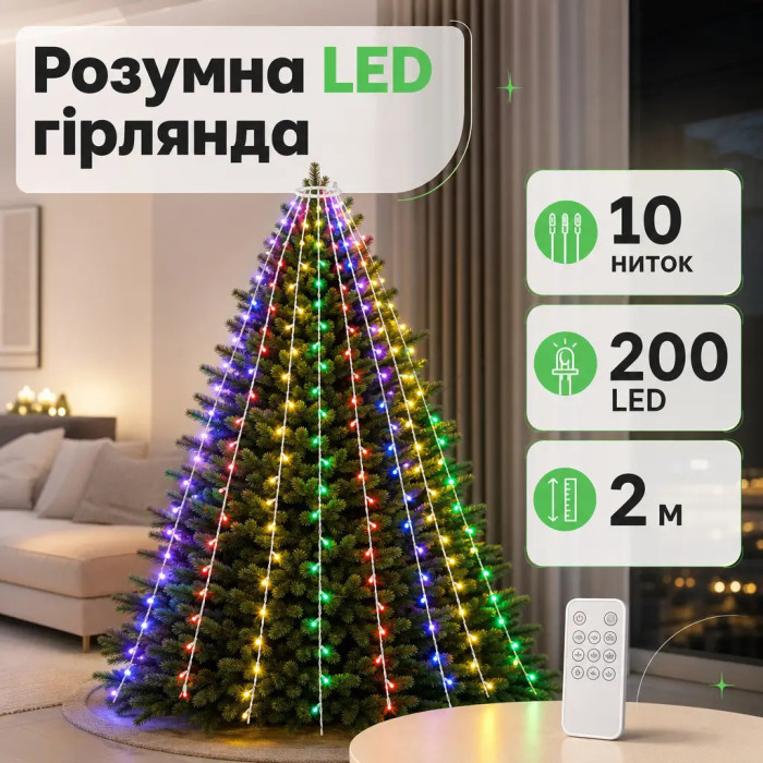 Умная гирлянда Smart 200 LED длина 2 м с управлением со смартфона прозрачная, мультиколор  Jooki 