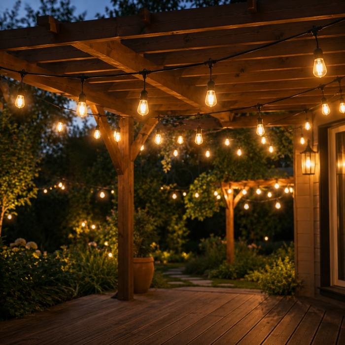 Уличная LED гирлянда на солнечной батарее Lumiled Sollis 2, 20 м, 30 LED лампочек E27, пульт ДУ, IP65, USB-C, теплый свет